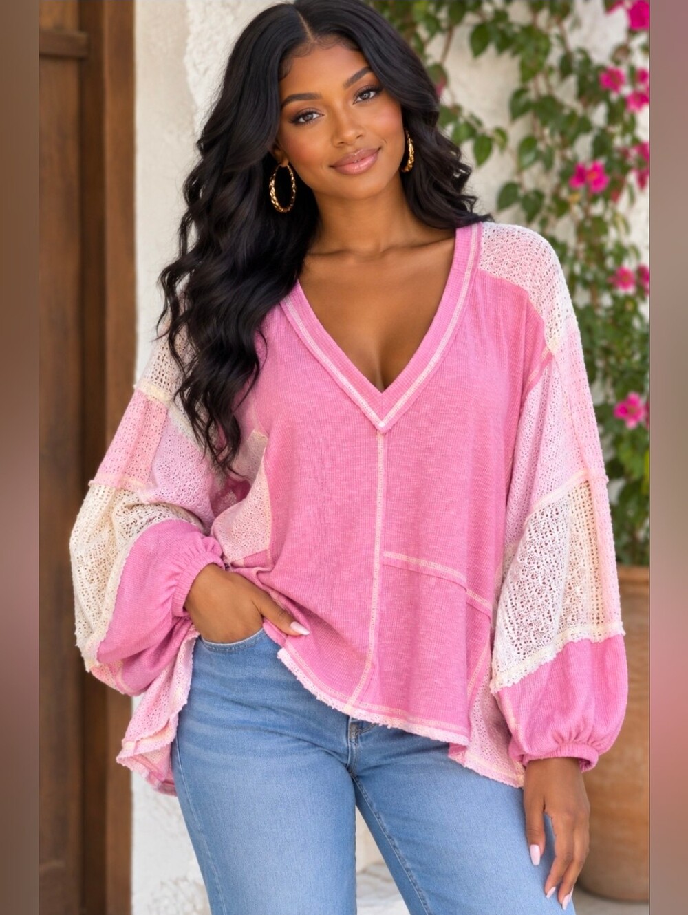 NEW!! POL Pink Mixed-Knit V-Neck Women's Top with Patchwork & Crochet, Sz Large